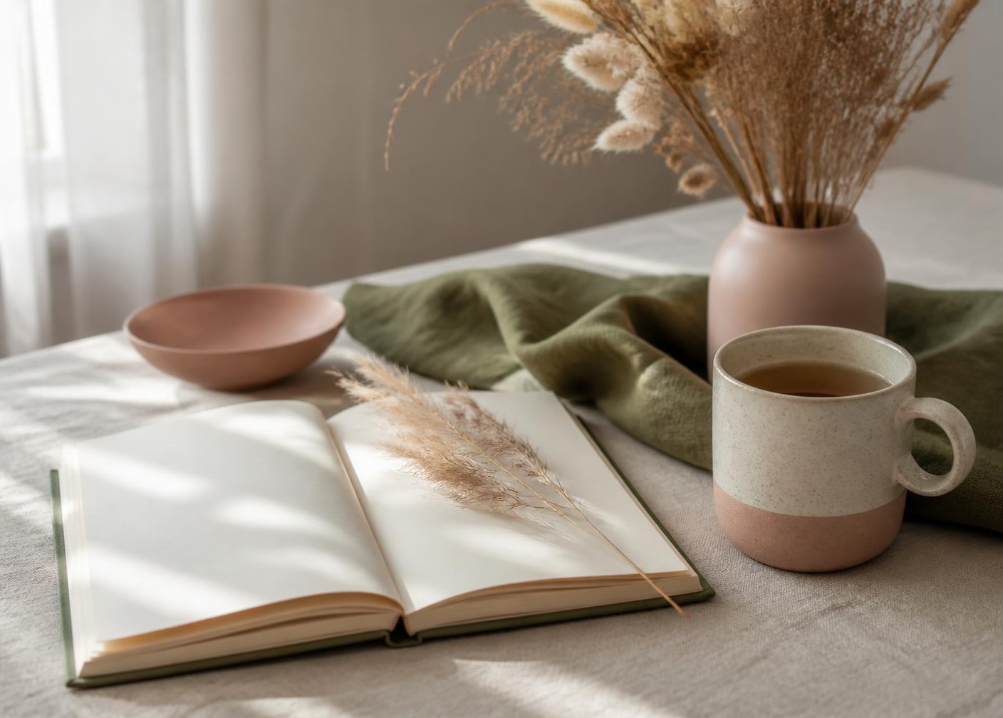 An open notebook, tea, and dried grasses in warm morning light