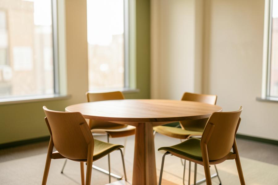 A sunlit modern meeting space with a round wooden table and empty chairs