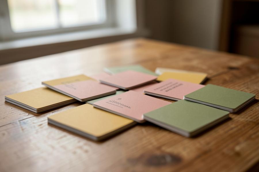 A scattered deck of colorful cards on a warm wooden table